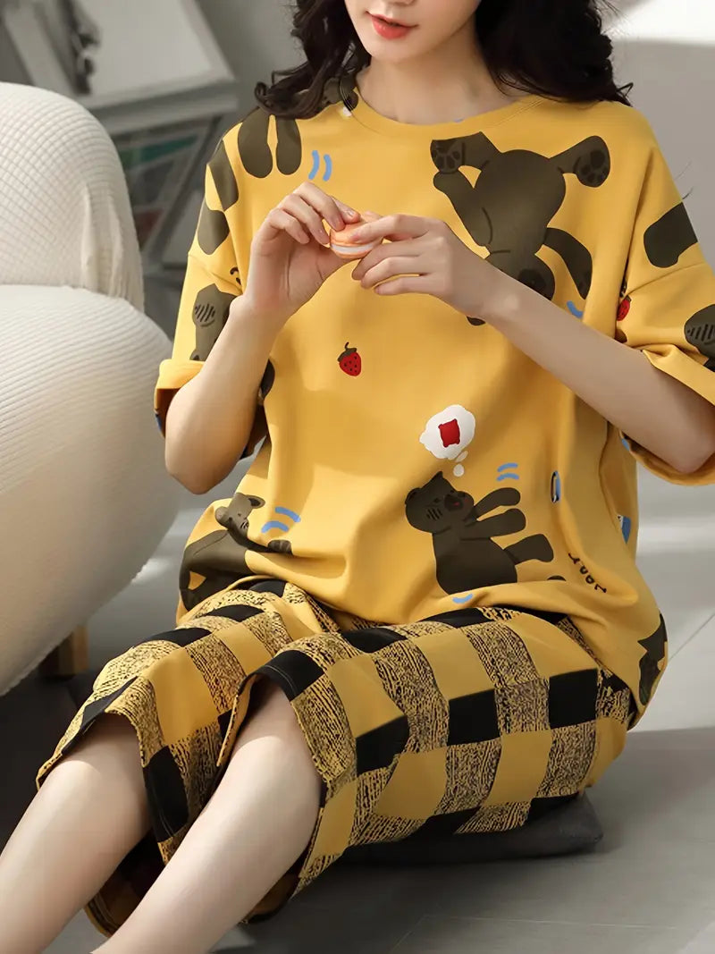 Women'S Cartoon Bear Pajama Set, Casual Loose Fit