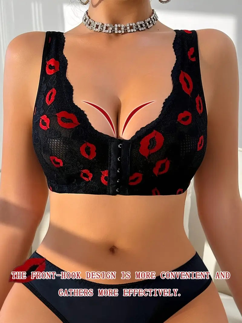 1pc Sexy Red Lips Geometric Pattern Knit Bra