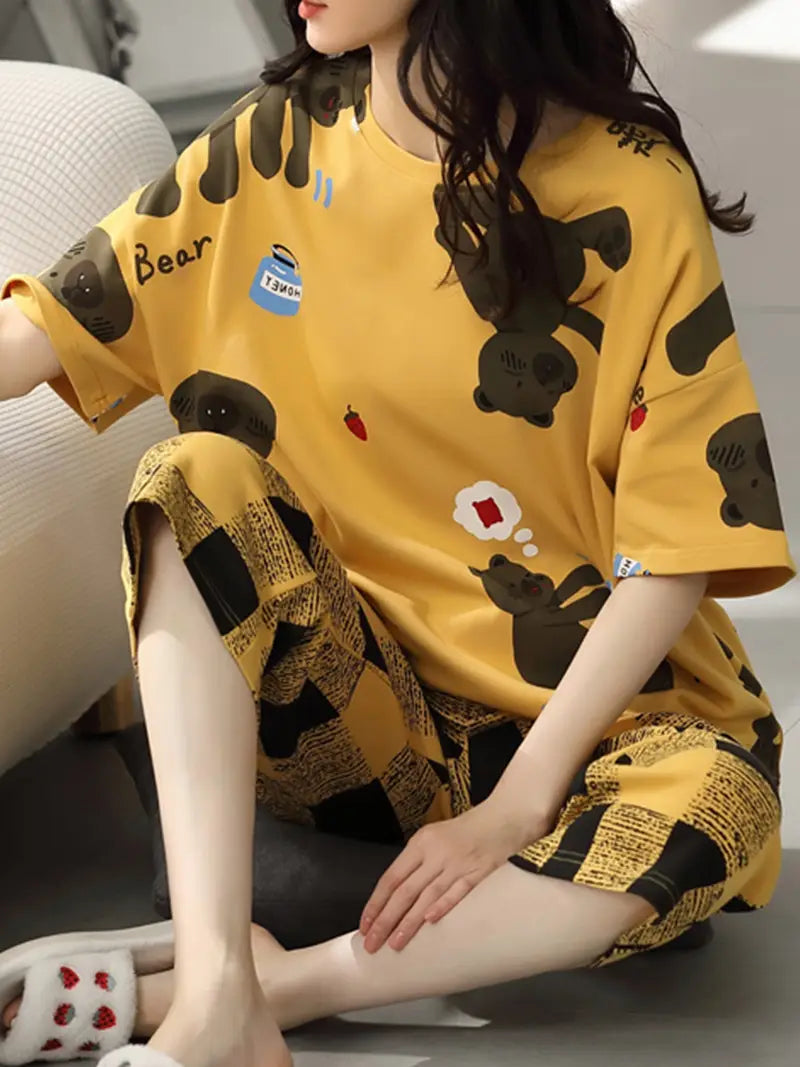 Women'S Cartoon Bear Pajama Set, Casual Loose Fit