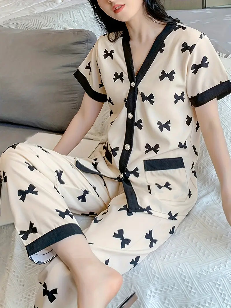 Summer Bow Pattern Short Sleeve Long Pants