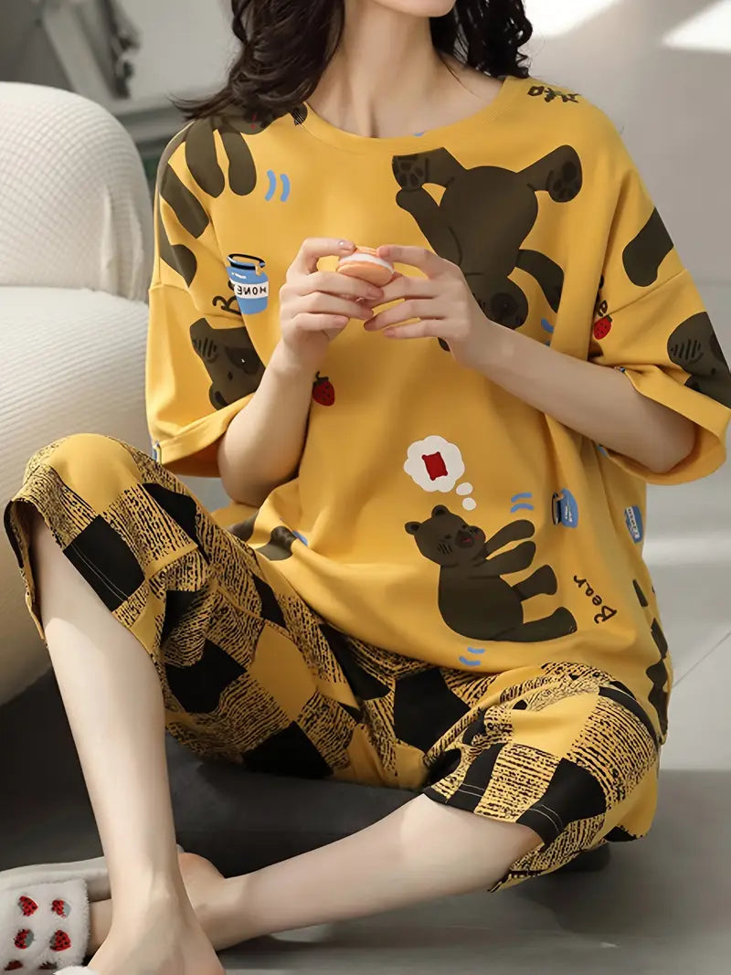 Women'S Cartoon Bear Pajama Set, Casual Loose Fit