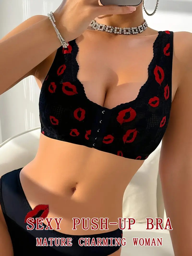 1pc Sexy Red Lips Geometric Pattern Knit Bra