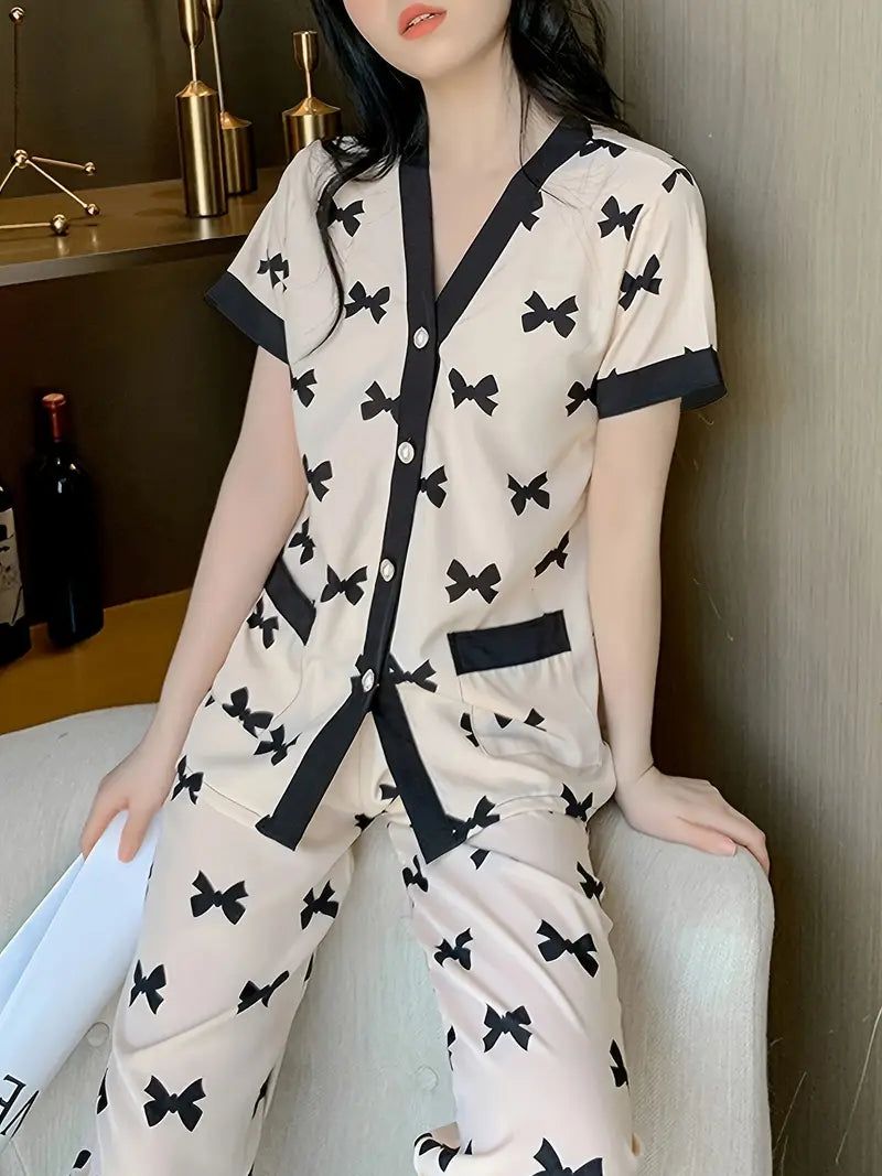 Summer Bow Pattern Short Sleeve Long Pants