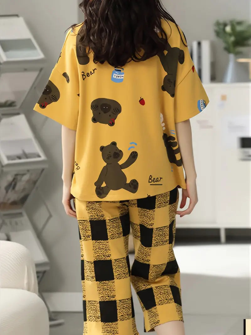 Women'S Cartoon Bear Pajama Set, Casual Loose Fit