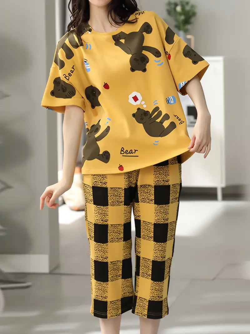 Women'S Cartoon Bear Pajama Set, Casual Loose Fit