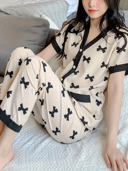Summer Bow Pattern Short Sleeve Long Pants