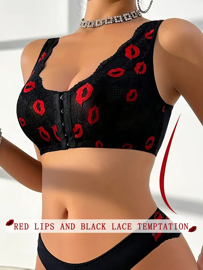 1pc Sexy Red Lips Geometric Pattern Knit Bra