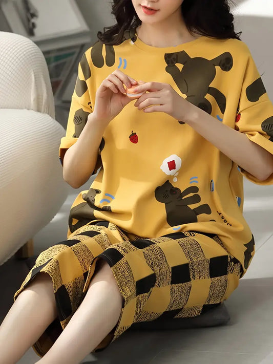 Women'S Cartoon Bear Pajama Set, Casual Loose Fit